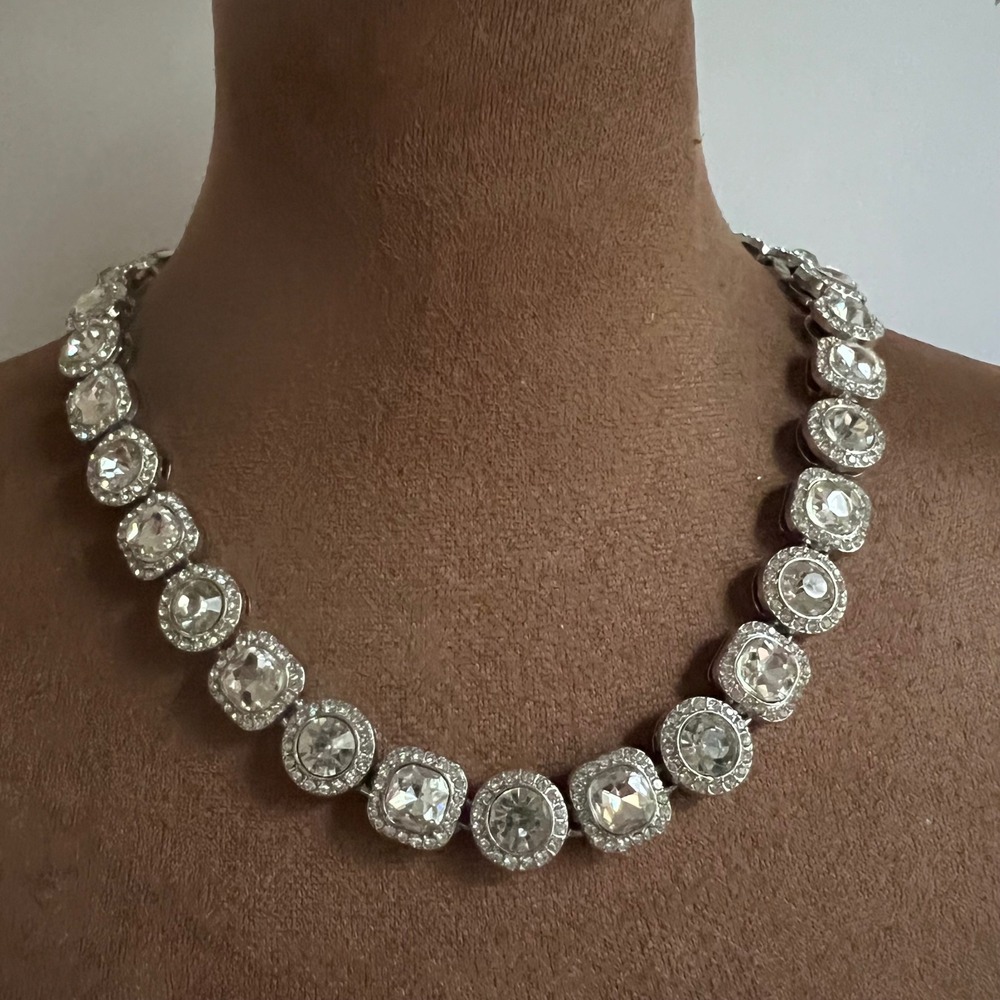 Vintage Silver Tone Crystal Statement Choker Necklace 19"